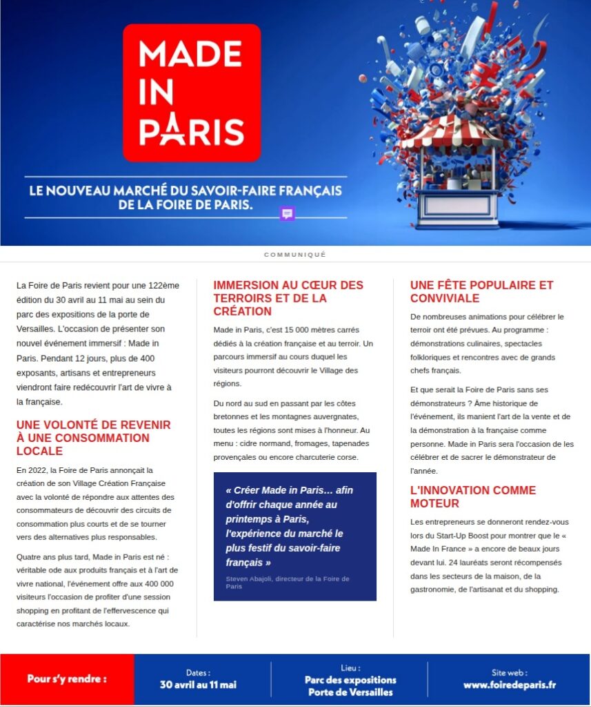 Publirédactionnel de la foire de Paris